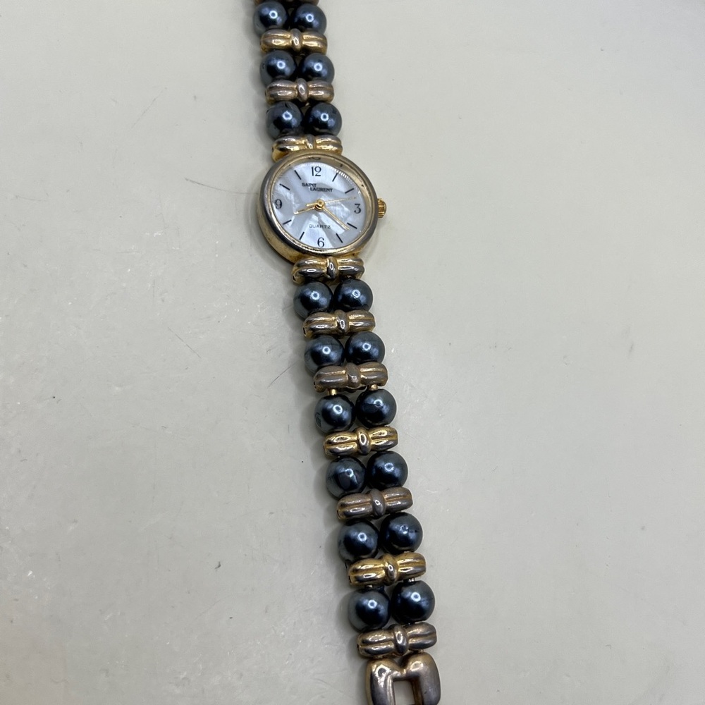 Vtg Saint Laurent Quartz Watch Swiss Movt Gold Tone Faux Pearl Bracelet MOP Dial - Picture 5 of 17
